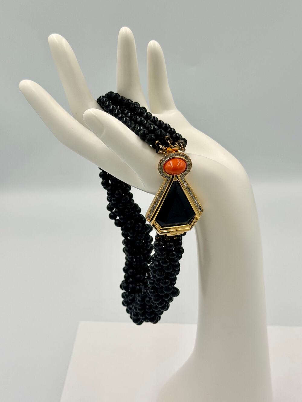 Kenneth Jay Lane Multi-Strand Glass Beaded Choker Necklace Jeweled Clasp 80's